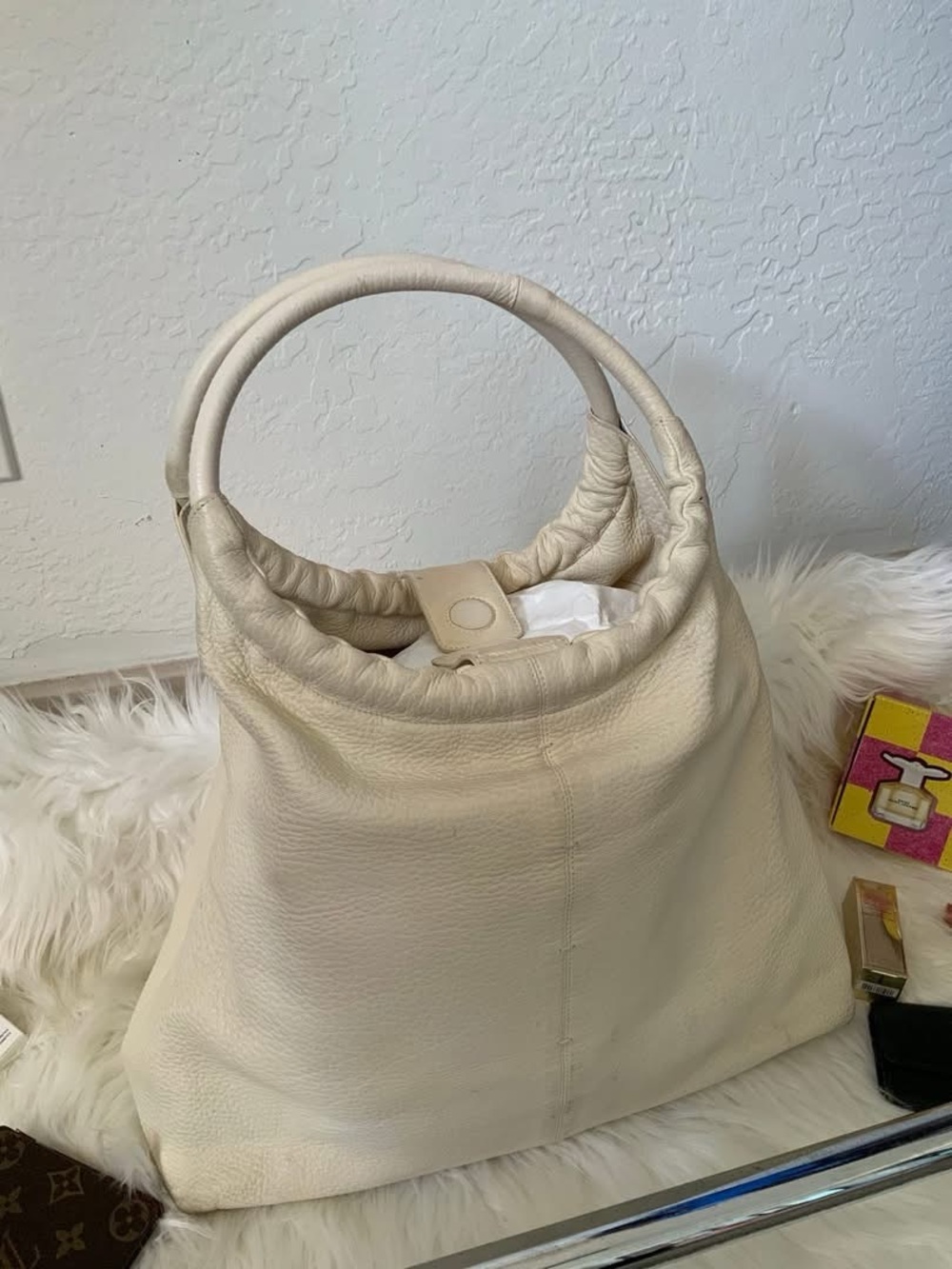 GIORGIO ARMANI Soft Cream Leather Shoulder Bag with Round Top Handles